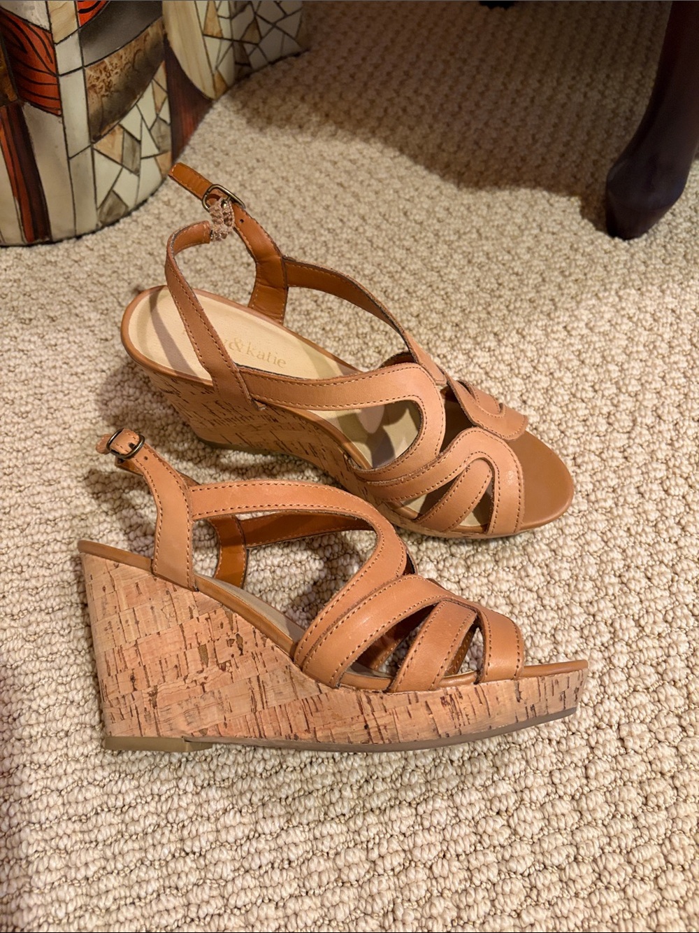 Kelly & Katie Tan Leather Cork Wedge Sandals